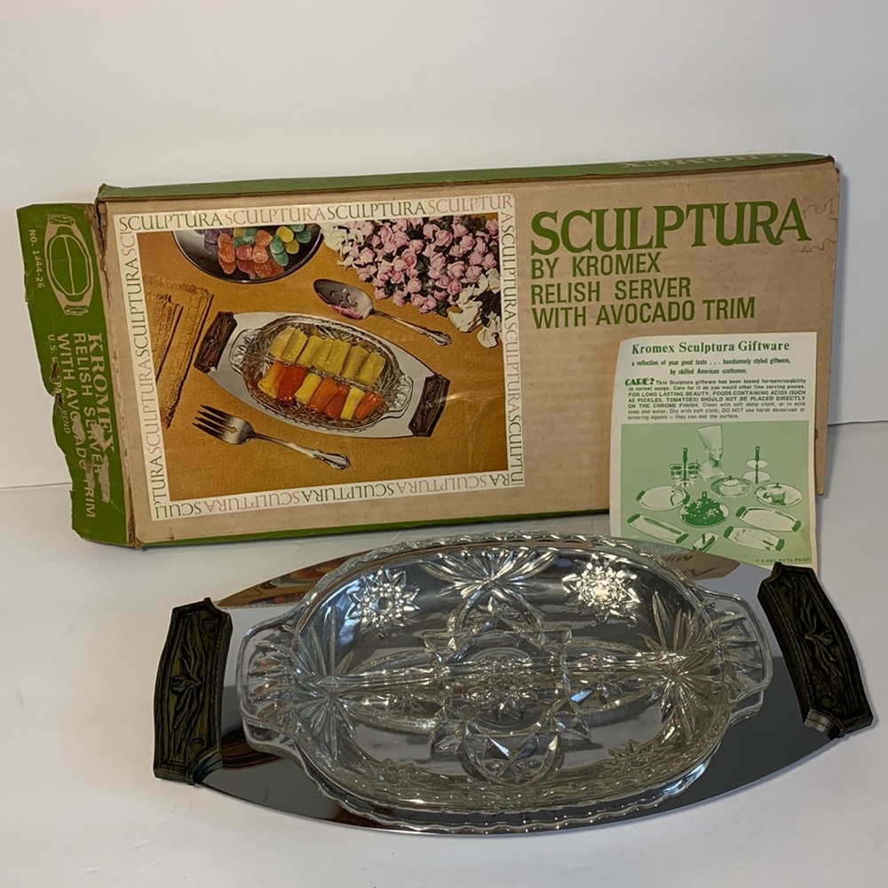 KROMEX Relish Server Sculptura Tray With Glass Divided Insert Dish Avocado Trim